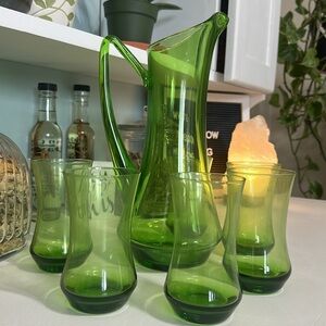 Stunning vintage MCM hand-blown green glass pitcher.6 matching tumblers curves!